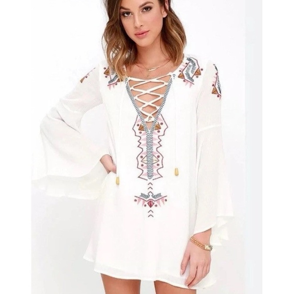 Lulus My Bell-Loved Ivory Embroidered Mini Dress Tunic Boho Bell Sleeve M micro